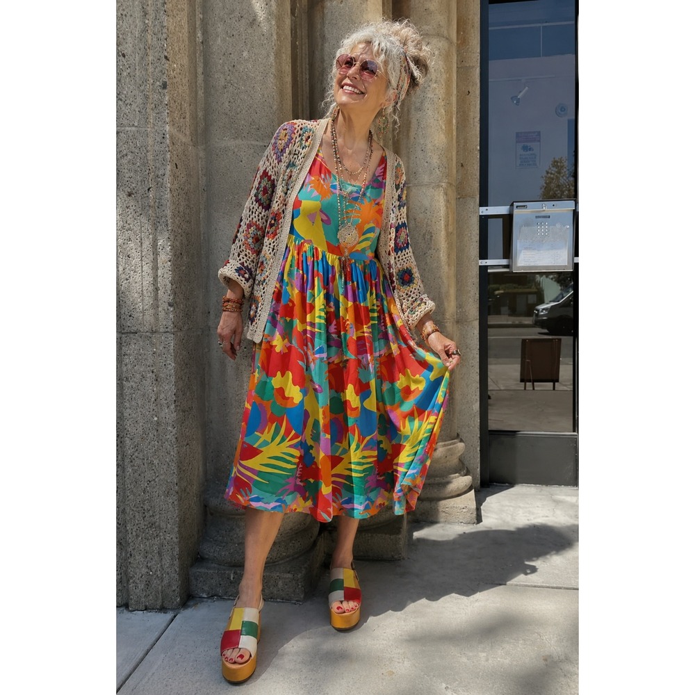 Nooworks Naomi Tropico Midi Dress L Multicolor Tropical Maximalist Artsy Boho